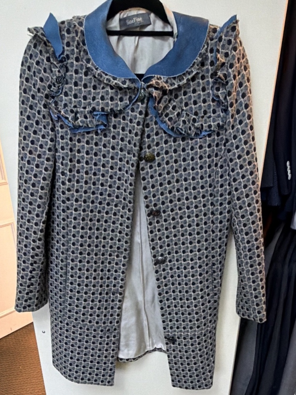 SineFine Women's Blue Navy Dot Wool Blend Ruffle Collar Coat Italy IT 42 US 6